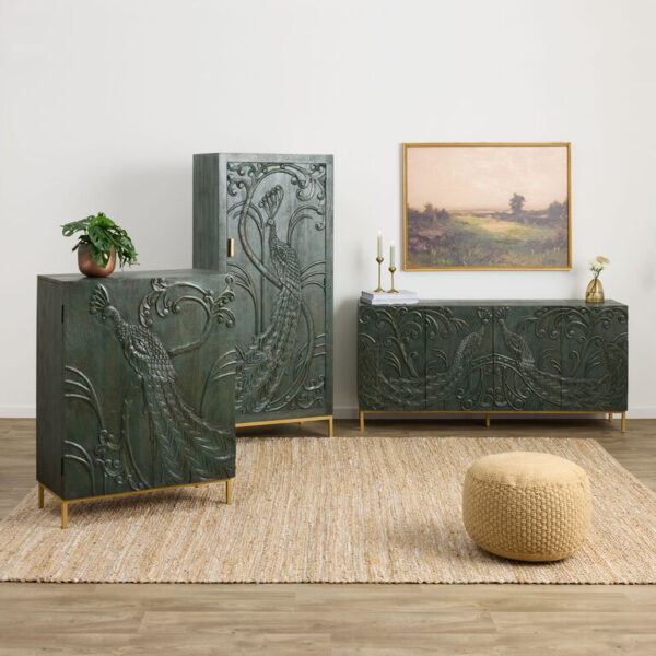 CRAFT Teal Carved Wood Peacock Storage Furniture Collection
