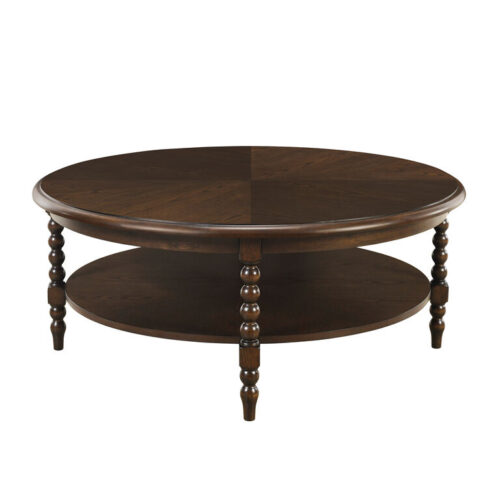 Naitee Round Dark Brown Wood Bobbin Coffee Table with Shelf