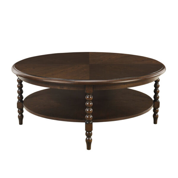 Naitee Round Dark Brown Wood Bobbin Coffee Table with Shelf