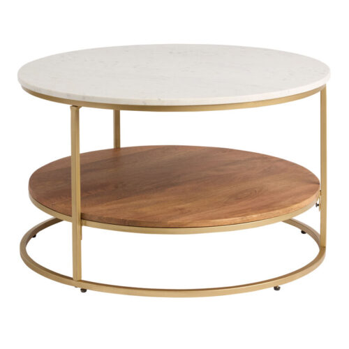 Piper Round Marble Top Wood and Metal Coffee Table with Shelf Piper Round Marble Top Wood and Metal Coffee Table with Shelf