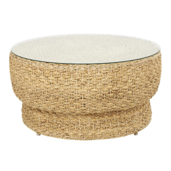 Yuscaran Round Natural Rattan and Glass Top Coffee Table